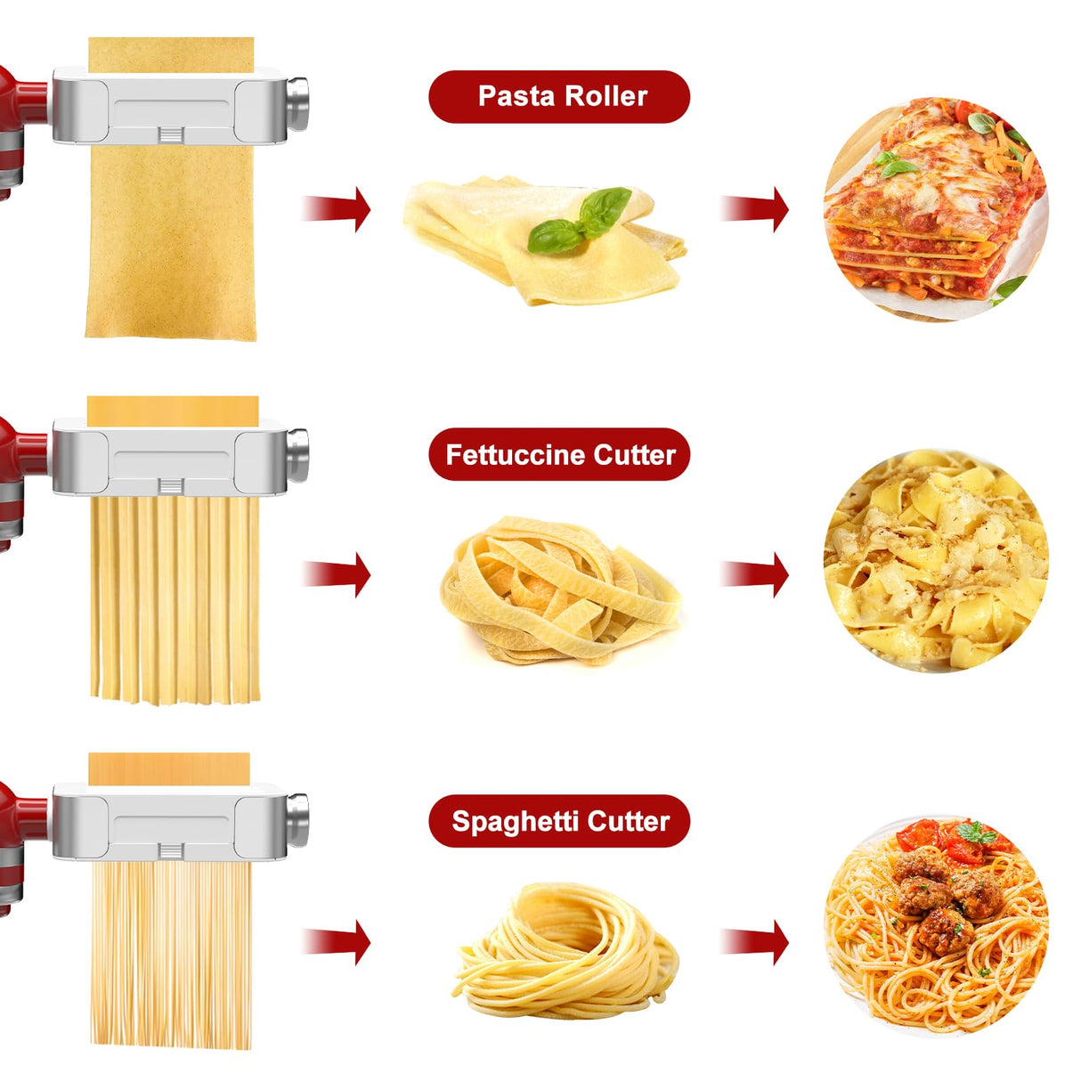 AIKAMI Metal Pasta Maker Attachment for Kitchenaid Stand Mixers 3 in 1 Set Includes Pasta Roller Spaghetti Cutter & Fettuccine Cutter and Cleaning Brush, Pasta Attachment AIKAMI