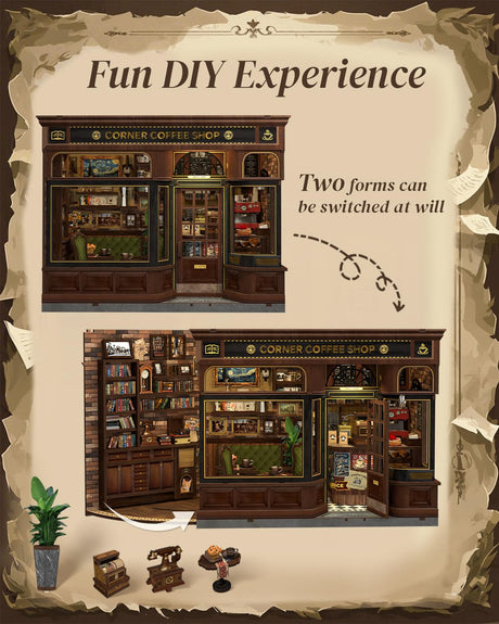 Cutefun Book Nook Kit - DIY Miniature Doll House Kit, Book Nook Kits for Adults, 3D Wooden Puzzle Bookend Bookshelf with LED Light for Cafe Crafts Lovers (Corner Coffee Shop) Cutefun