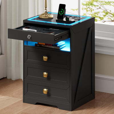 WOOVIVS LED Night Stand with Gun Drawer for Livingroom, Modern Nightstand with Wireless Charging Station for Bedroom(Black)