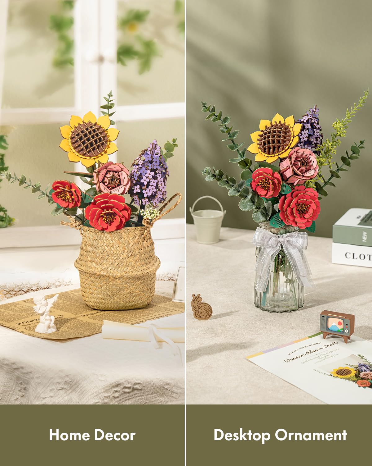 ROBOTIME 3D Puzzles Wooden Flower Bouquet DIY Model Building Kit to Build for Adults Artifical Bouquet Botanical Collection Craft Brain Teaser Puzzle Creative Gift Home Decor ROBOTIME