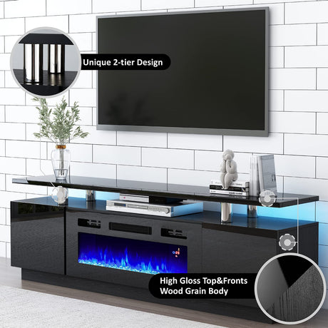 AMERLIFE Wall Unit Entertainment Center with Fireplace and Bookshelves, Includes 70" 2-Tier Fireplace TV Stand, 2 x Wall Cabinets & 2 x End Tables, Modern LED Lights TV Console for Living Room, Black AMERLIFE