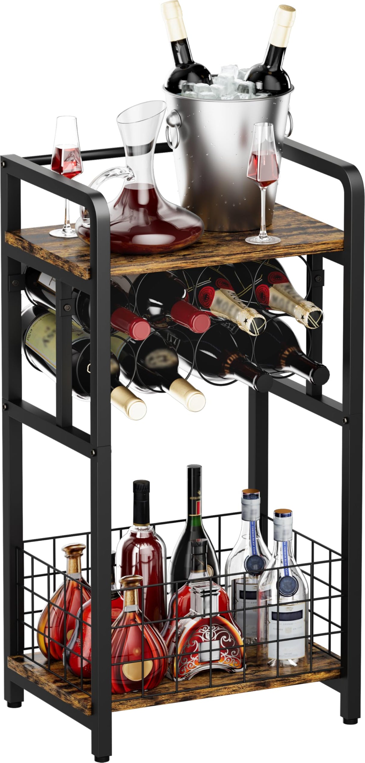 Ansionsol 3-Tier Wine Rack Freestanding Floor with Wood Top, Liquor Stand with Wine Bottle Holder, Corner Mini Bar Table for Small Space, Metal Whiskey Shlef for Kitchen, Cellar, Living Room, Black Ansionsol