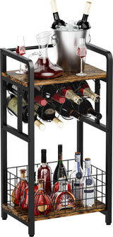 Ansionsol 3-Tier Wine Rack Freestanding Floor with Wood Top, Liquor Stand with Wine Bottle Holder, Corner Mini Bar Table for Small Space, Metal Whiskey Shlef for Kitchen, Cellar, Living Room, Black Ansionsol