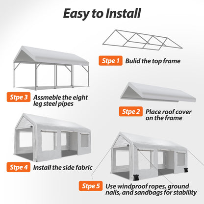 QZEN Carport 10x20ft Portable Garage, Heavy Duty Car Canopy with Roll-up Ventilated Windows & Side Doors, Car Port for SUV, F150, Car, Truck, Boat (10' x 20'White) - WoodArtSupply