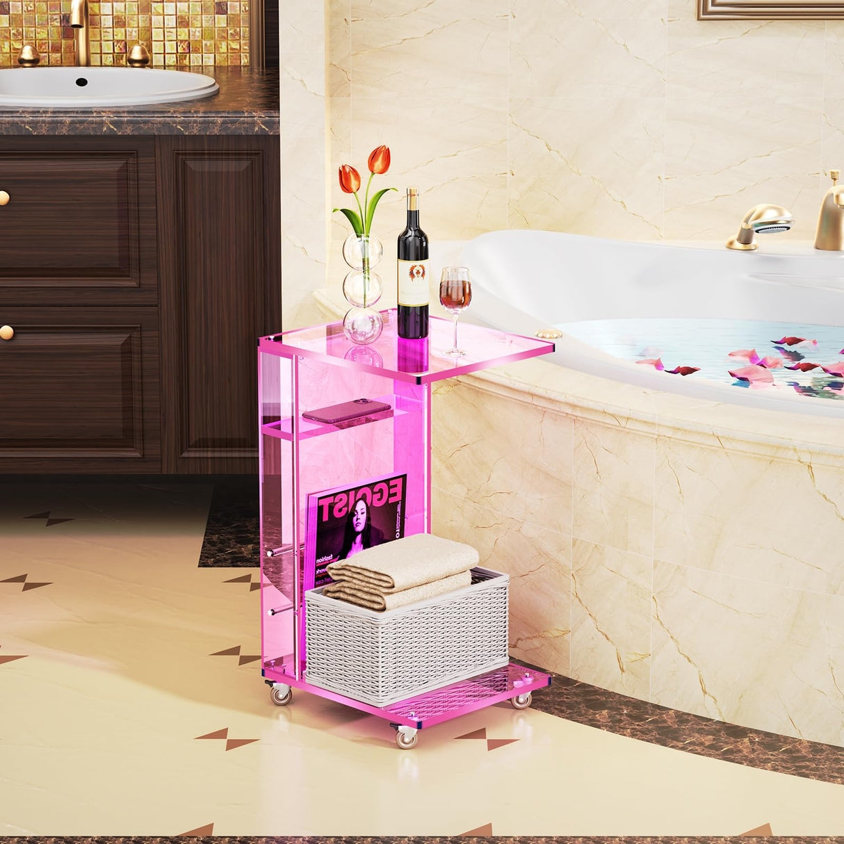 Clear Acrylic Side Table on Lockable Wheels, C Shaped End Table for Sofa, Small Coffee Tables for Small Spaces (Pink) Acrylicolor