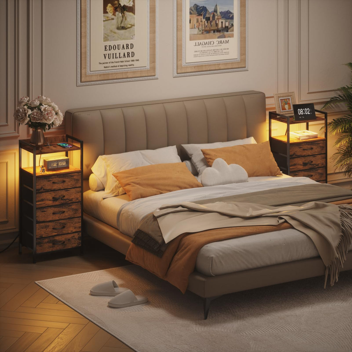 Furnulem 5 Drawer Dresser for Bedroom, Tall Nightstand with Led Light and Charging Station, Small Night Stand Bedside Table, Fabric Bins, Metal Frame, Wood Shelf, Side Furniture(Rustic Brown) Furnulem