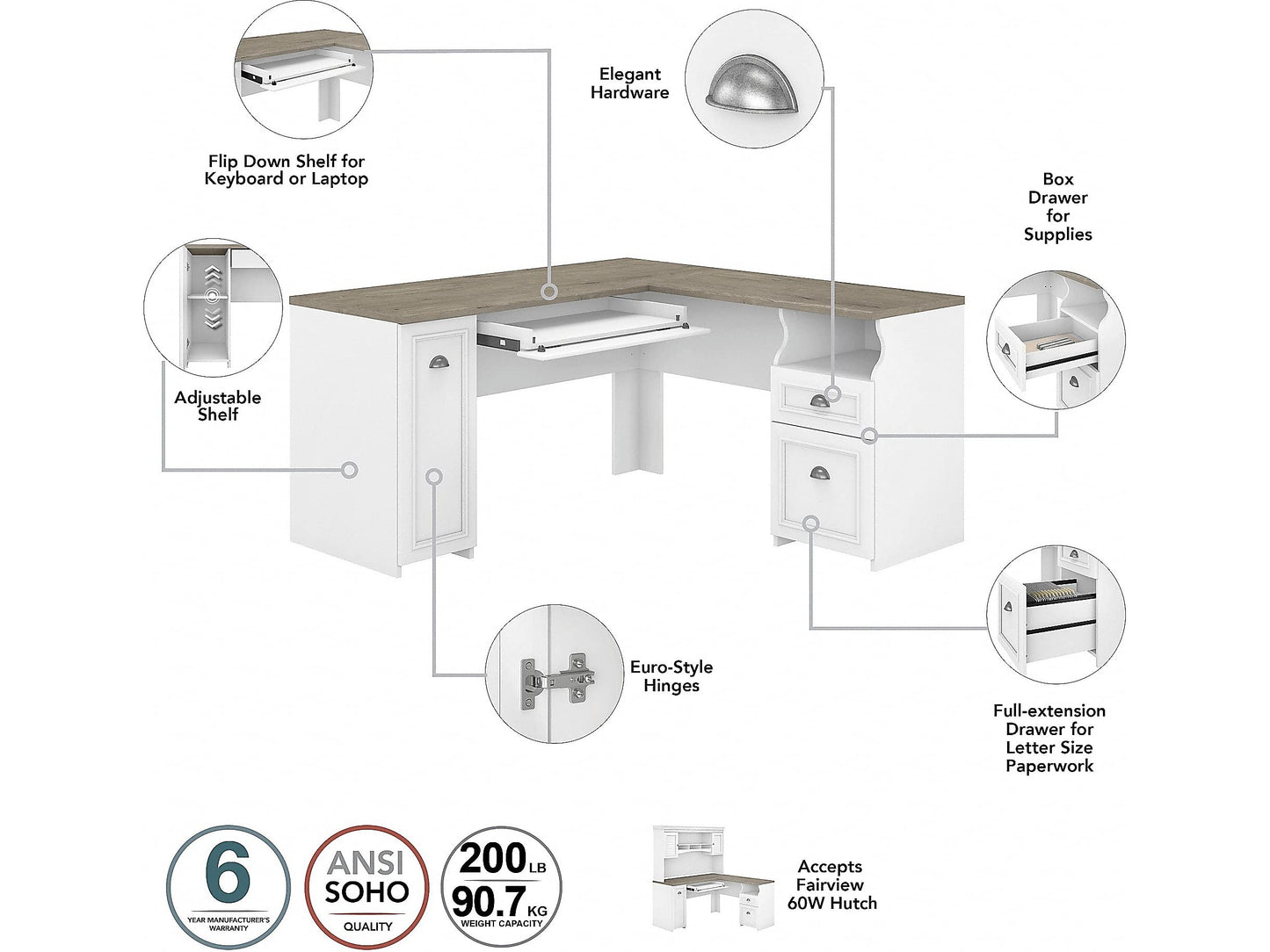 Bush Furniture Fairview L Desk, 60W, Shiplap Gray/Pure White - WoodArtSupply