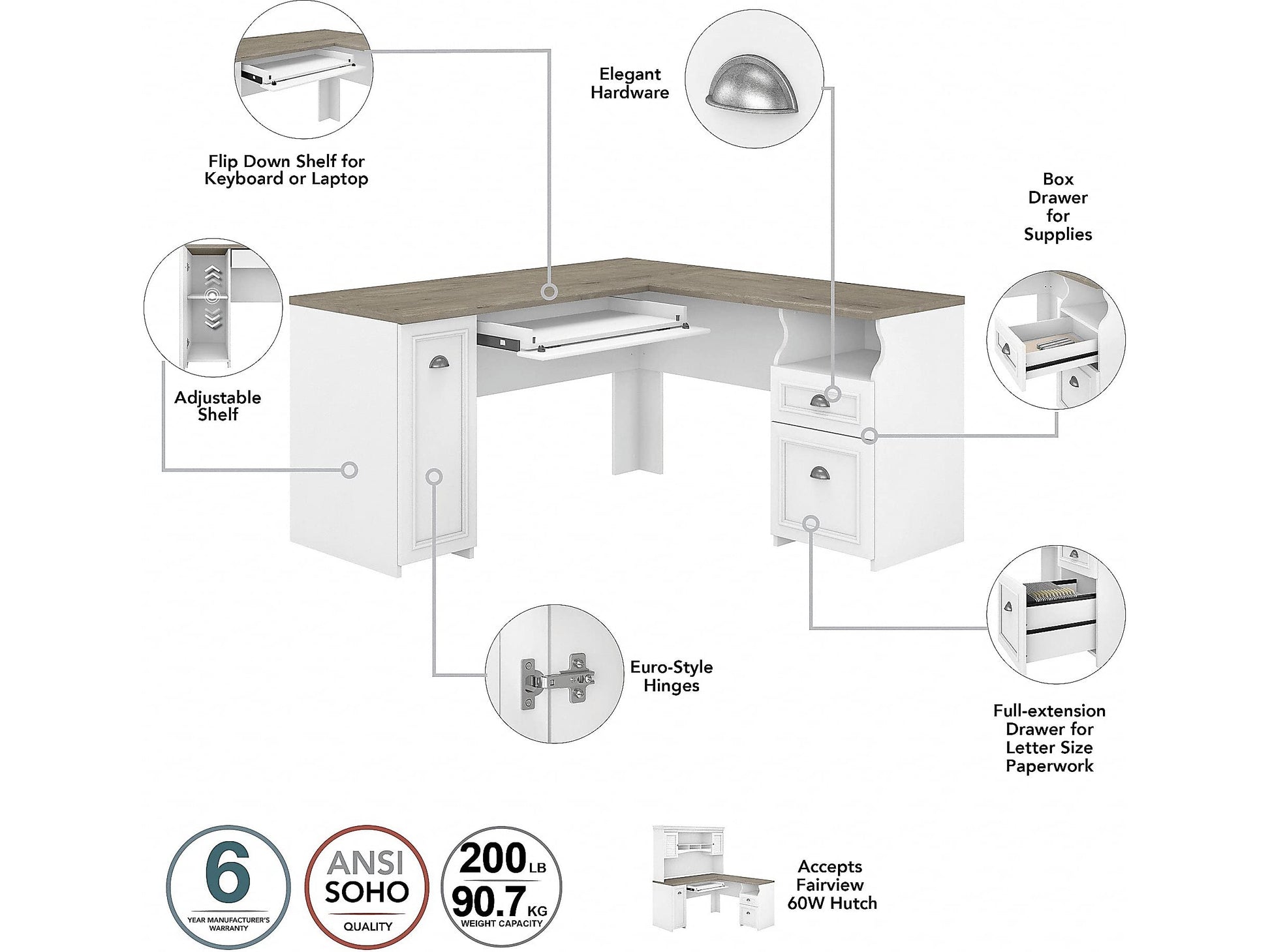 Bush Furniture Fairview L Desk, 60W, Shiplap Gray/Pure White - WoodArtSupply