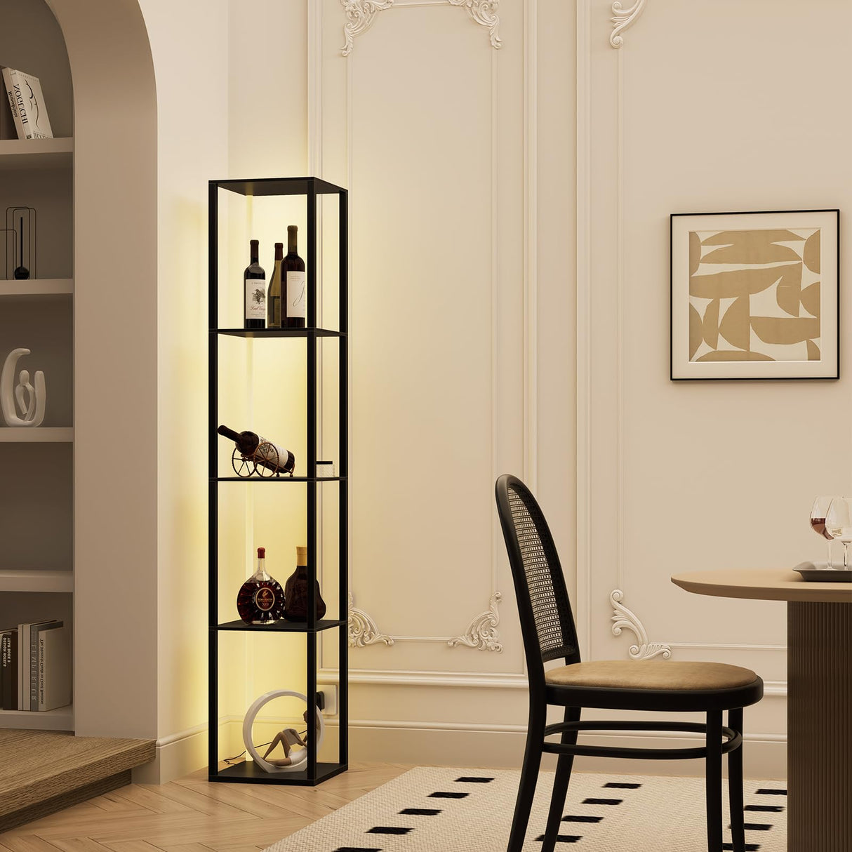 Wonder Comfort 64" Dimmable Floor Lamp with Adjustable LED Poles, Sturdy Curio Cabinet Display Shelf with Foot Switch for Living Room and Bedroom, Brown Wonder Comfort