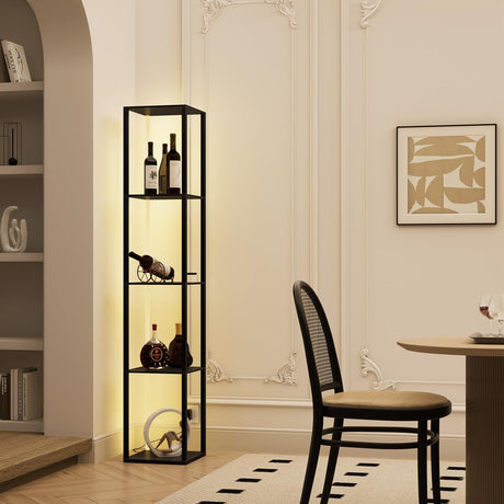 Wonder Comfort 64" Dimmable Floor Lamp with Adjustable LED Poles, Sturdy Curio Cabinet Display Shelf with Foot Switch for Living Room and Bedroom, Brown Wonder Comfort