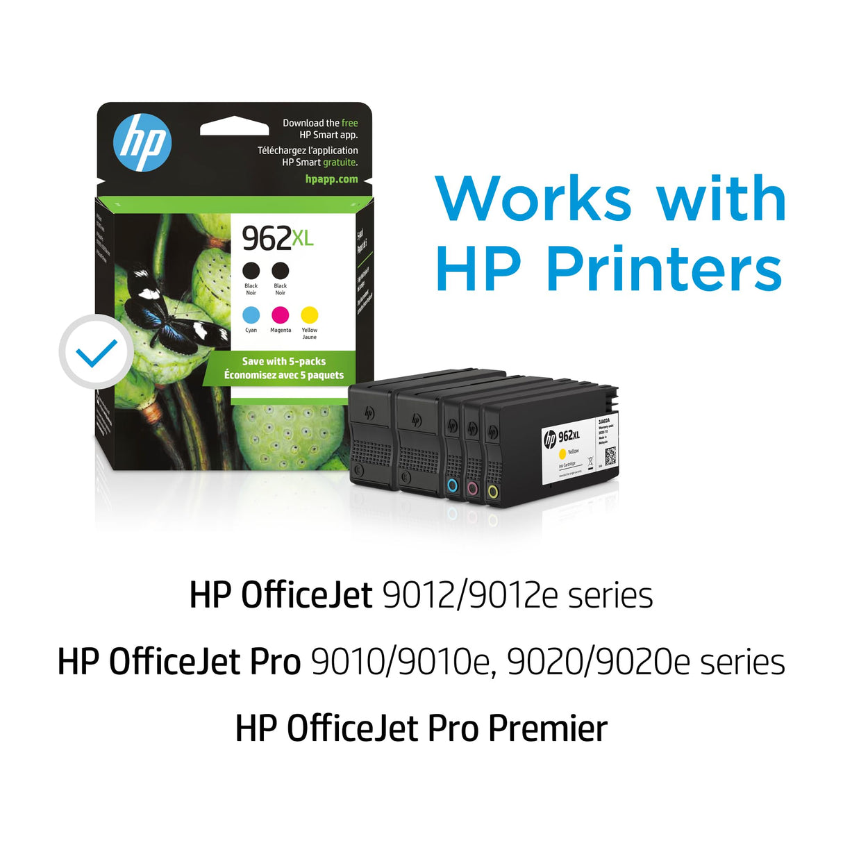 HP Original 962XL Black, Cyan, Magenta, Yellow High-Yield Ink Cartridges (5-Pack) | Works OfficeJet 9010 Series, OfficeJet Pro 9010, 9020 Series | Eligible for Instant Ink | 6ZA57AN HP