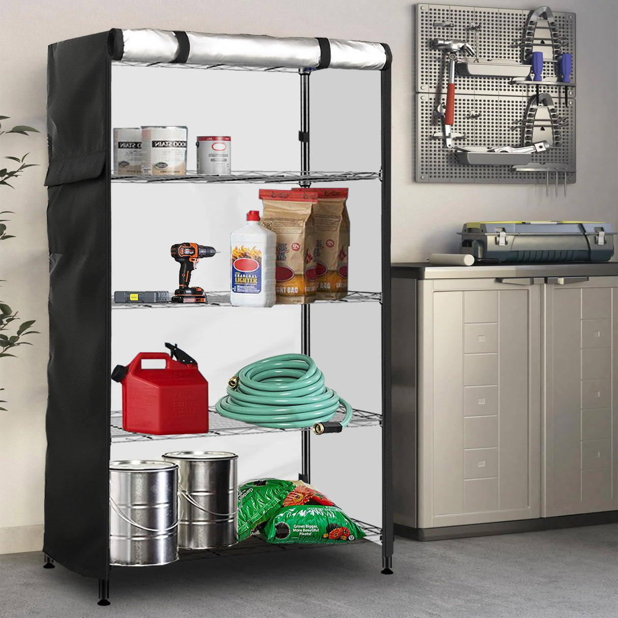 Exokugo Wire Shelf Cover,600D Heavy Duty 100% Waterproof Shelf Covers for Wire Shelving,Outdoor Storage Shelves Cover for Metal Rack,30" W x 14" D x 62" H,Black Exokugo