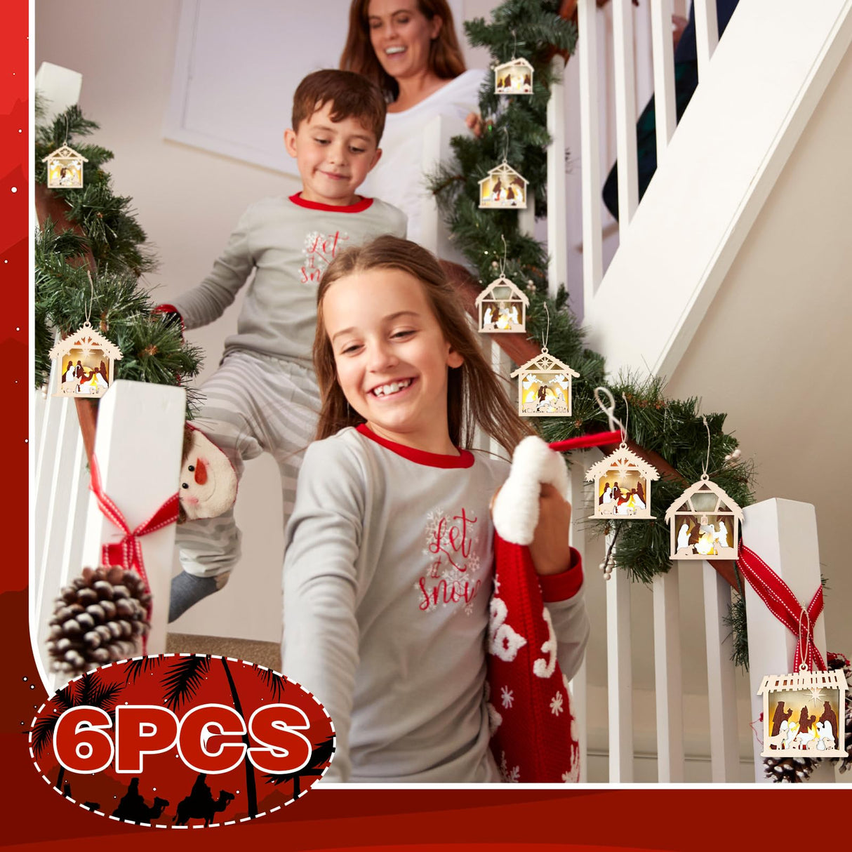 Anglechic 6 Pcs LED Nativity Scene Wooden Ornament 3D Christmas Religious Ornaments Rustic Light up Nativity Hanging Ornaments for Birth of Jesus Xmas Tree Christian Gift Holiday Party Decor(House) Anglechic