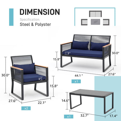 Patiorama 4 Piece Patio Furniture Set, Outdoor Wicker Bistro Set, All-Weather Black PE Rattan Conversation Set w/Coffee Table, Loveseat, Wood-Like Armrest, Cushions for Garden Balcony Deck, Navy Blue