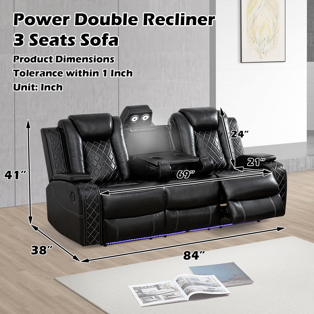 SIENWIEY Power Recliner Sofa Set for Living Room Furniture Sets，Leather Reclining Couch Set with LED Lights，Recliner Leather Sofa and Loveseat with Storage/Cup Holders/Charging Port，Black SIENWIEY