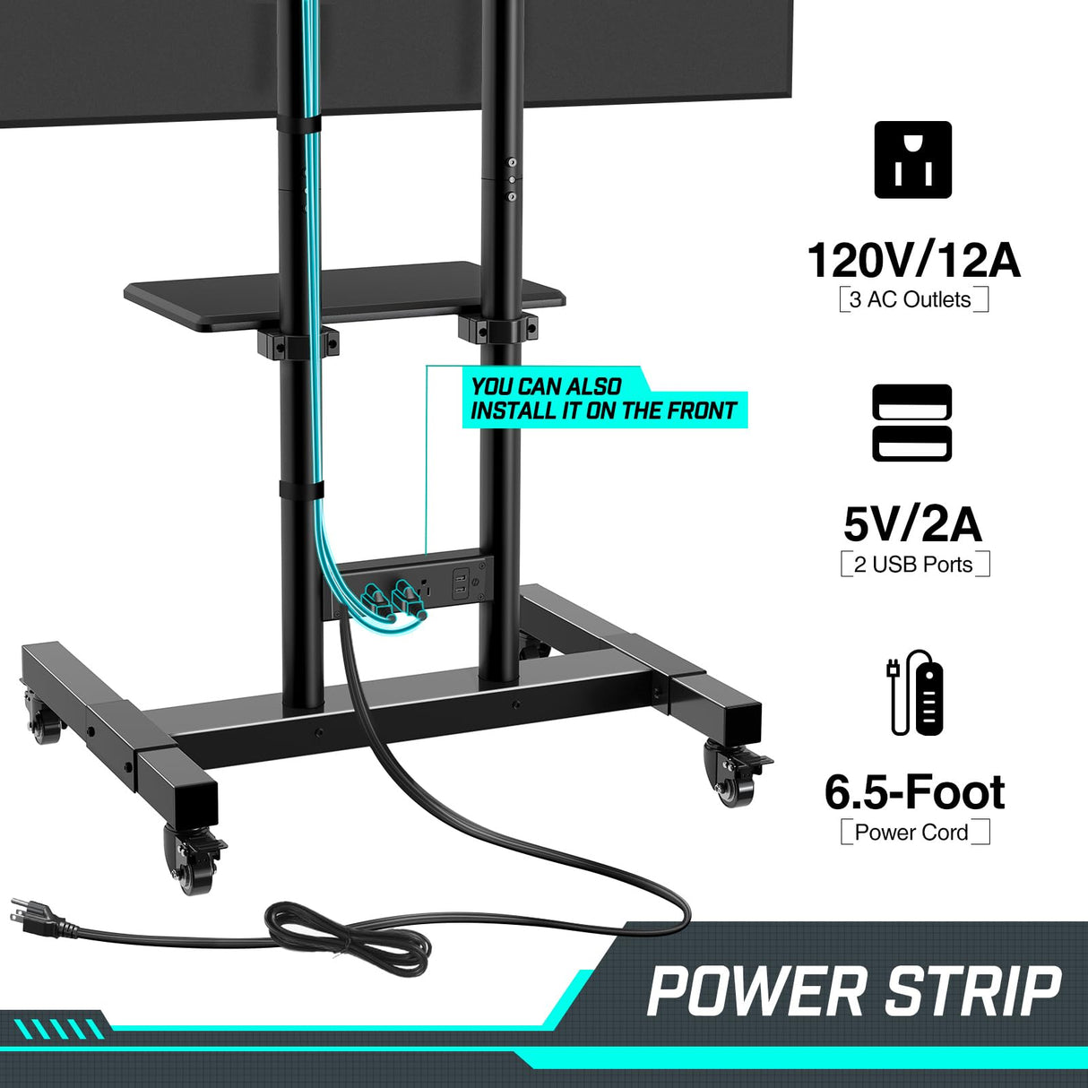 Greenstell TV Stand with Power Outlet, Mobile TV Cart on Wheels for 32-85 inch LED LCD Flat Curved Panel Screen TVs, up to 132lbs, Height Adjustable Rolling TV Stand with AV Shelf, Max VESA 600x400mm GREENSTELL