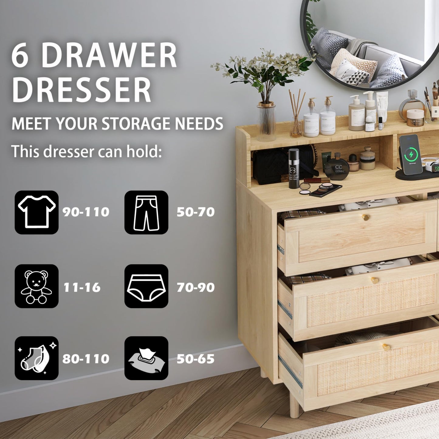FUQARHY Rattan Dresser for Bedroom with Shelves, Modern 6 Drawer Double Dresser with Charging Station, Wood Chest of Drawers for Bedroom, Living