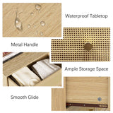 Wananlanen Rattan 6 Drawer Dresser for Bedroom, Wood Boho Double Chest of Drawers with Storage and Gold Handle, Modern Natural Rattan Dresser for Living Room, Kids Bedroom, Hallway, Entryway Wananlanen