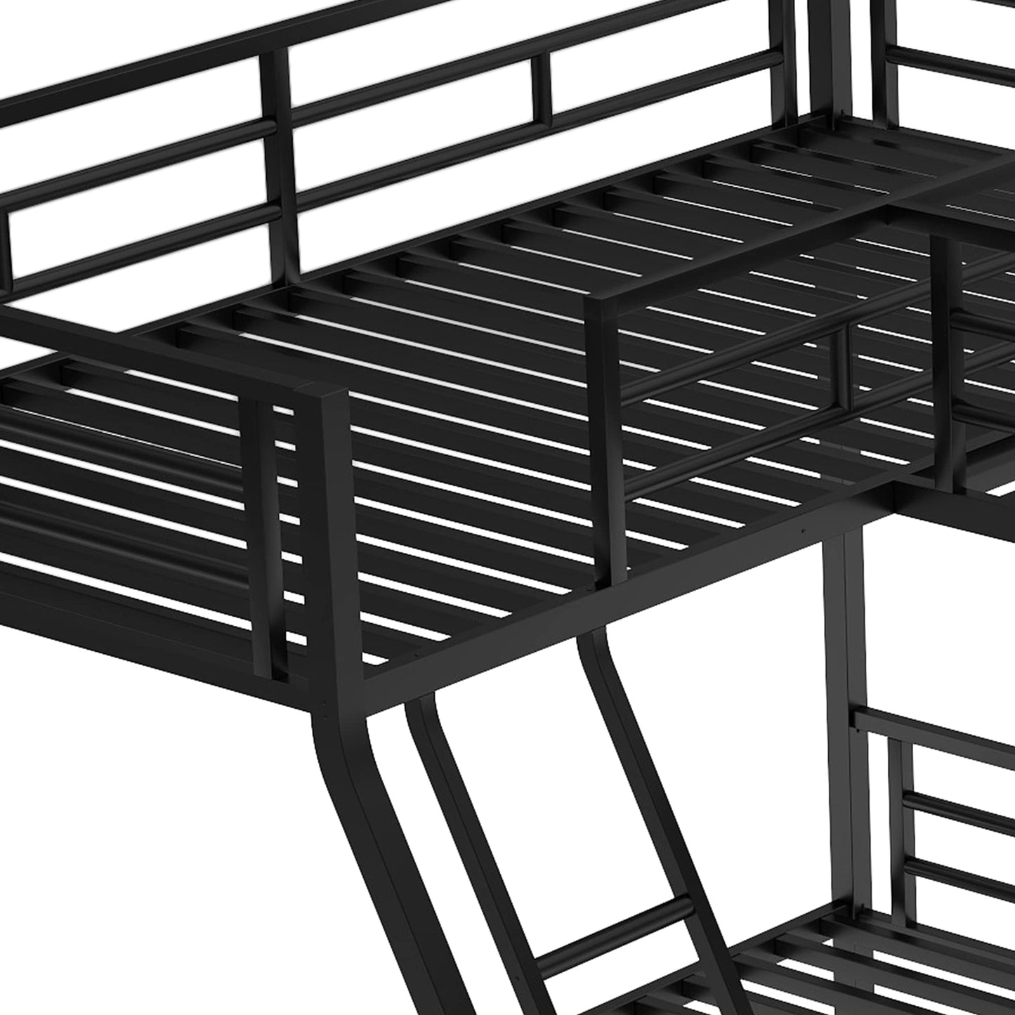 SOFTSEA Heavy Duty Metal Triple Bunk Bed, L Shaped Triple Bunk Bed with Desk, Bunk Beds Twin Over Full Size, Bunk Bed Frame with Guardrails and Ladder, No Box Spring Needed, Noise-Free, Black