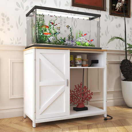 TRYKERPET 40-50 Gallon Aquarium Stand, Metal Frame Fish Tank Stand with Power Outlets and Wooden Cabinet Storage, Breeder Tank Turtle Reptile Terrariums Stand Rack for Home Office, 440LBS Capacity TRYKERPET