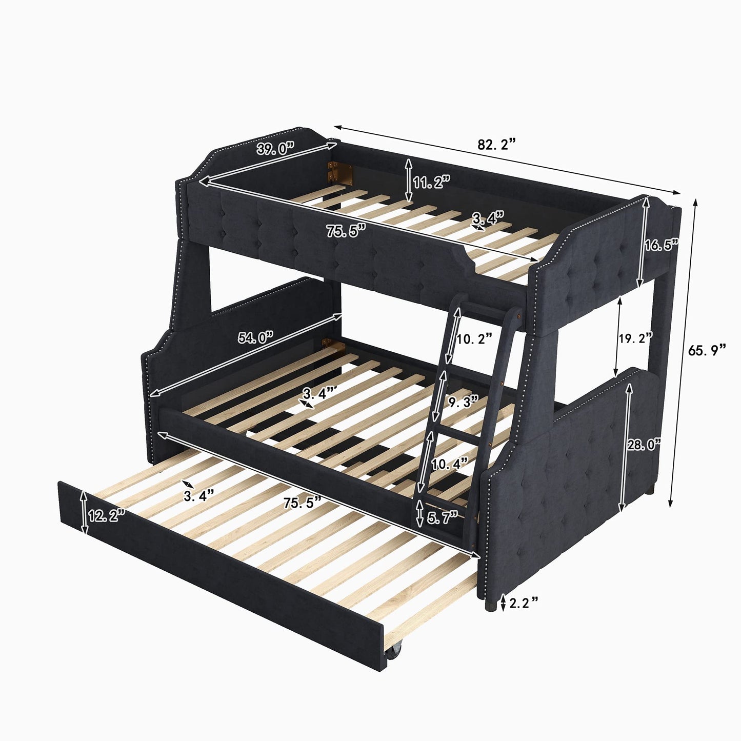 SkVLf Twin Over Full Bunk Bed with Trundle and Ladder, Tufted Button Design Upholstered Bunk Bed Frame with Headboard, Footboard and Slat Support (Velvet Fabric, Black) ，Queen Bed