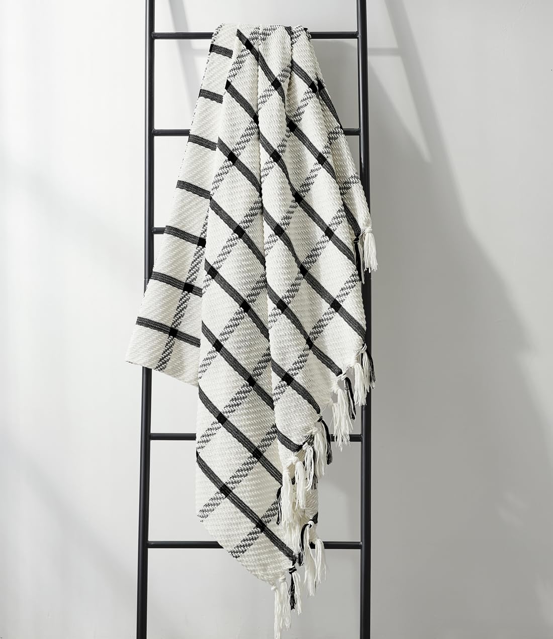 CREVENT 50"X60" Farmhouse Breathable Soft and Warm Chenille Plaid Throw Blanket for Sofa Couch Bed, Home Decoration Throw with Tassles (Black & White) CREVENT