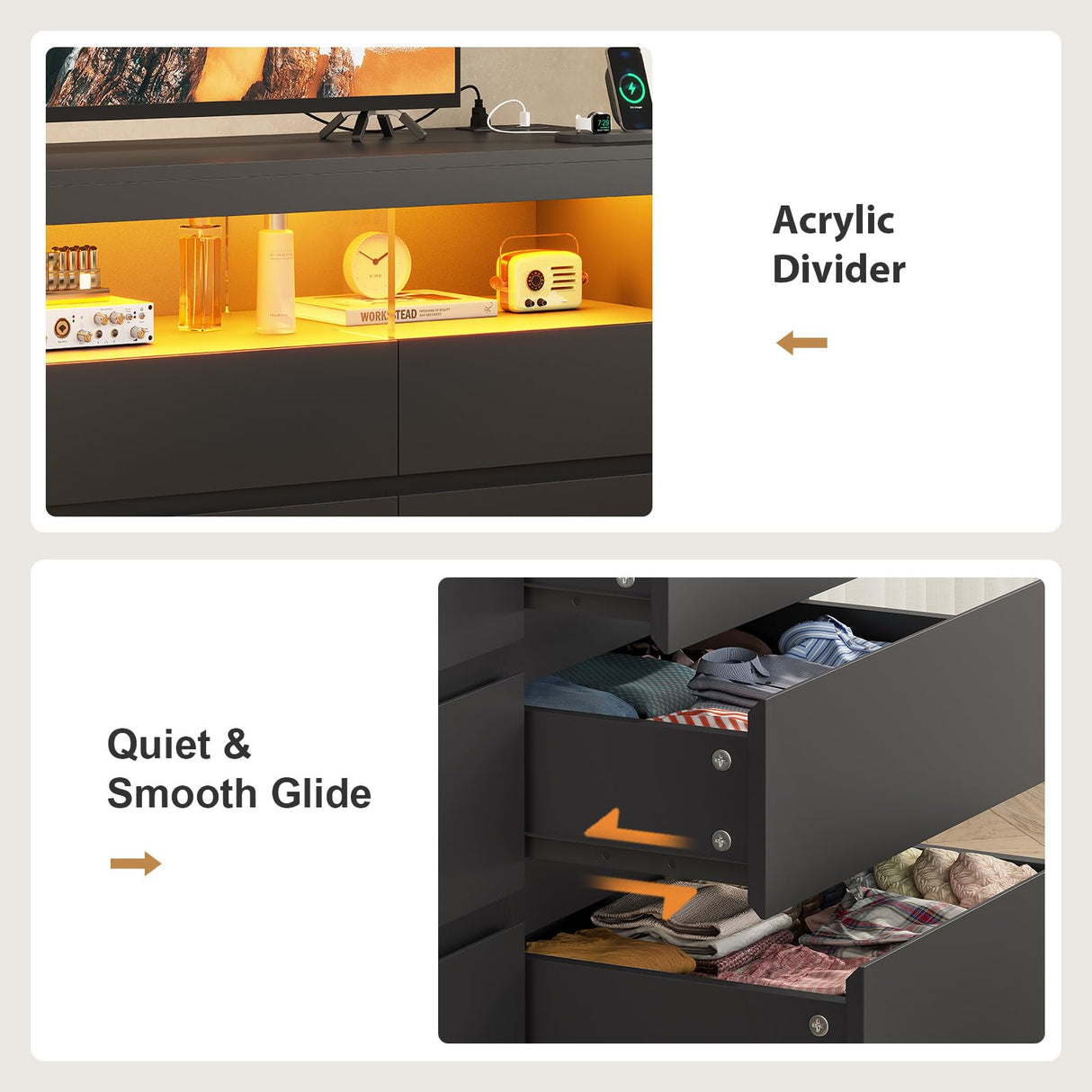 BTHFST Dresser Chest of Drawers with RGB Lights, Power Outlet & Open Shelves, 56.7" W Wood Bedroom Dresser, No-Handle Modern Dresser for Living Room Entryway, Black BTHFST