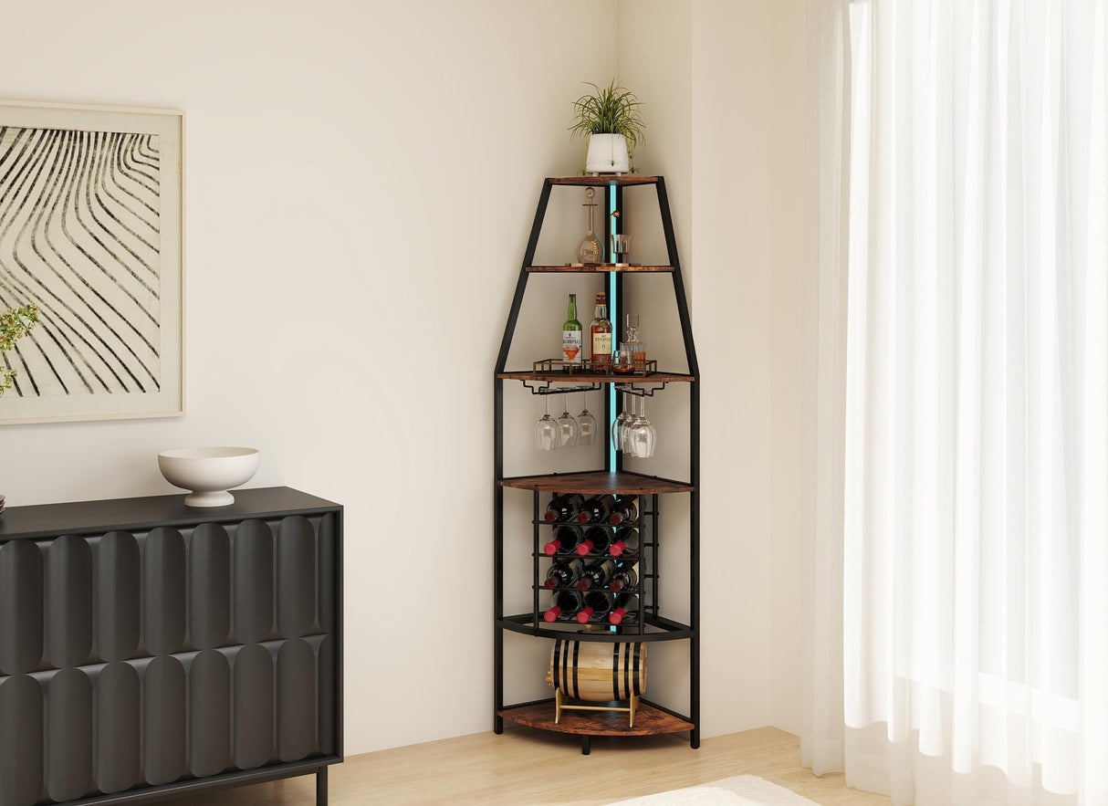 Suuiwau 6-Tier Corner Wine Rack with LED Lights, Floor Standing Wine Storage with Glass Holder, Industrial Metal and Wooden Shelf for Kitchen, Living Room, Dining Room, Home Bar Furniture Suuiwau