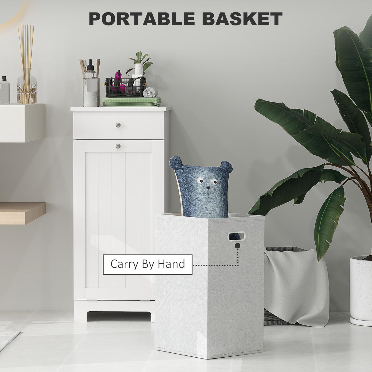 HOMCOM Laundry Hamper Cabinet with Removable Basket, Tilt Out Laundry Hamper Cabinet with Drawer and Beadboard Door, Laundry Cabinet Bathroom Storage Cabinet, White HOMCOM