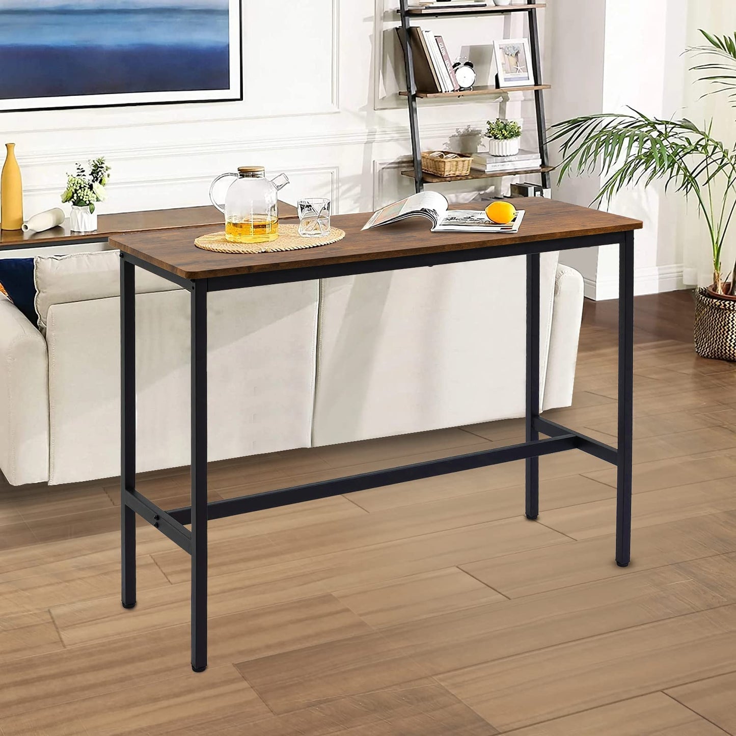 Rongbuk 44.5" Rustic Brown Bar Table with Adjustable Feet and Metal Legs - WoodArtSupply