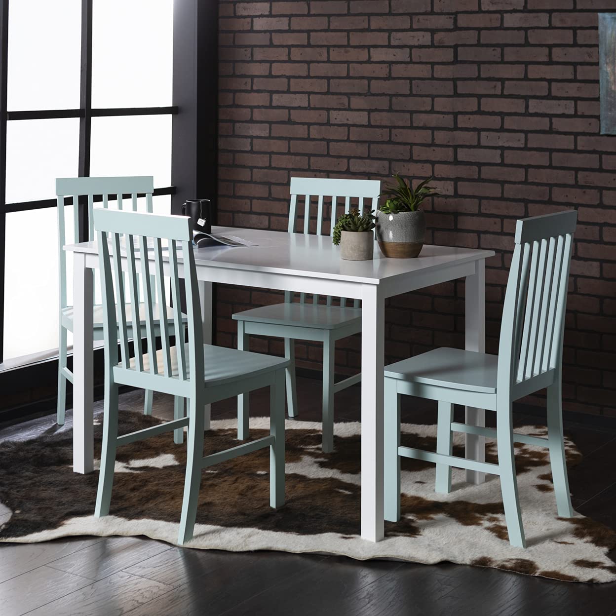 Walker Edison Modern Color Dining Room Table and Chair Set Small Space Living Kitchen, Dining Set, 48 Inch, 4 Person, White and Sage Green