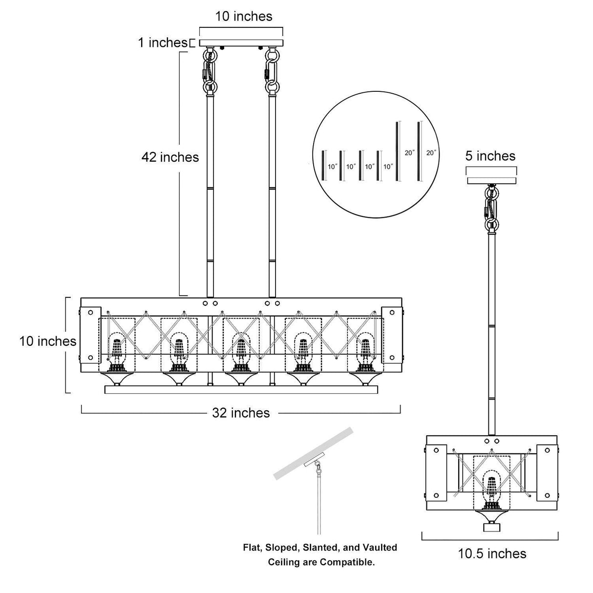 LALUZ Farmhouse Chandelier, 5-Light Kitchen Island Lighting with Clear Glass, Wood and Black Finish, 32 Inches LALUZ