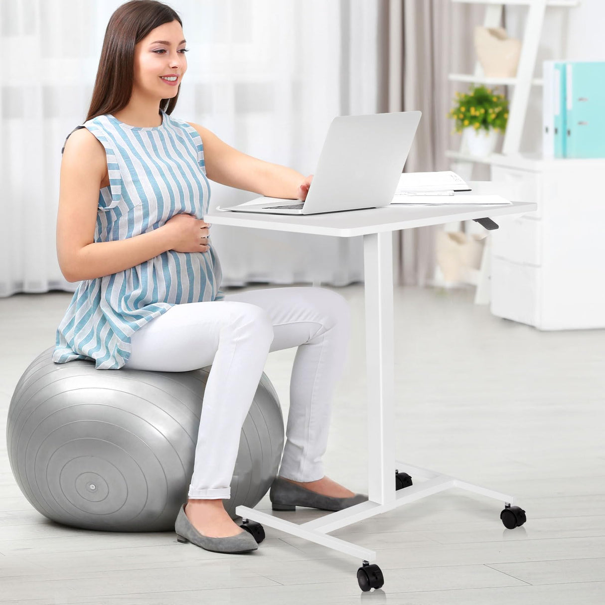 AMUSIGHT Mobile Standing Desk Adjustable Height, Sit Stand Rolling Laptop Desk with Lockable Wheels, Portable Computer Workstation for Home, Office, School (White) AMUSIGHT