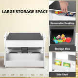 Kinder King Kids Wood Table & 2 Chairs Set, 4 in 1 Children Activity Table w/Double Bookcase, Blackboard, Toddler Furniture Set for Art, Crafts, Drawing, Reading, Playroom, Grey Kinder King