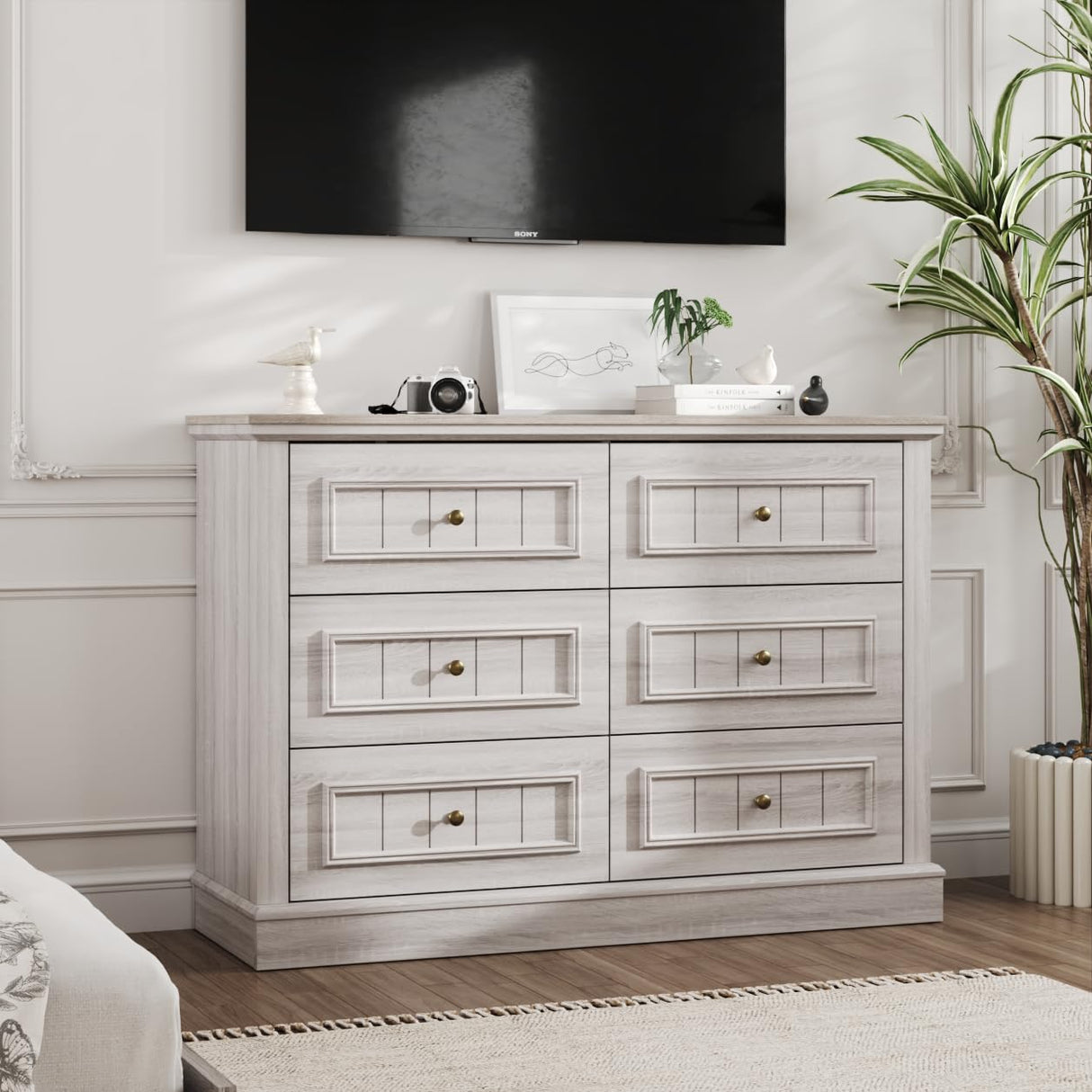 Fameill 6 Drawer Dresser for Bedroom, Farmhouse Wood Chest of Drawers, Double Storage Dresser Organizer Wide Dresser TV Stand for Living Room, Hallway, Entryway, Light Rustic Oak Fameill