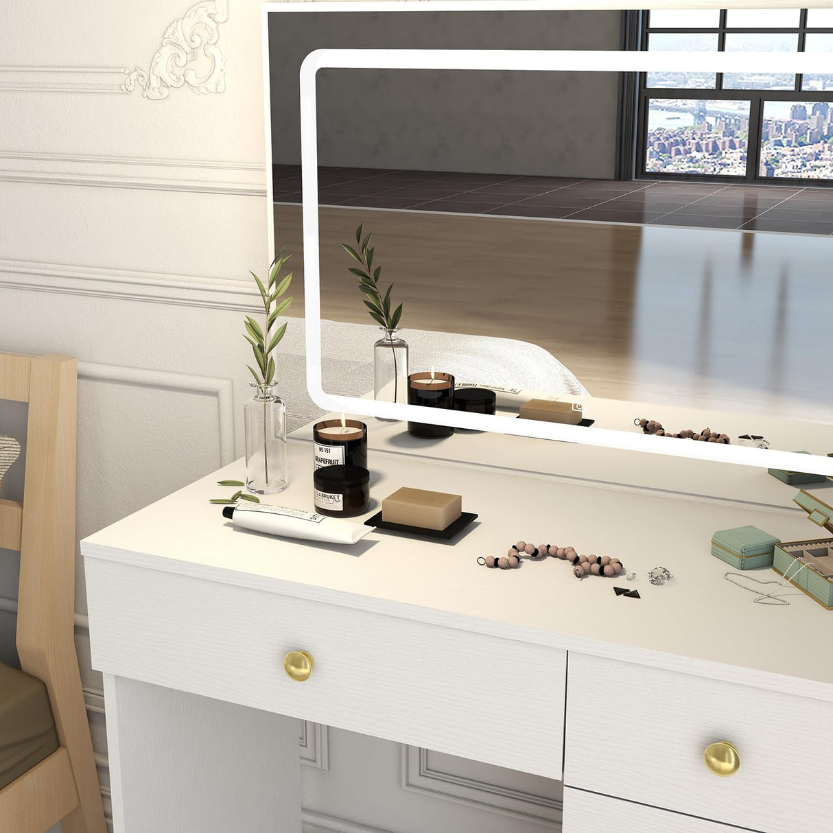 Makeup Vanity with Large Lighted Mirror, Vanity Desk with 5 Drawers Vanity Set with Power Outlet 3 Color Lighting Modes Dressing Table for Women Girls (White) Panana