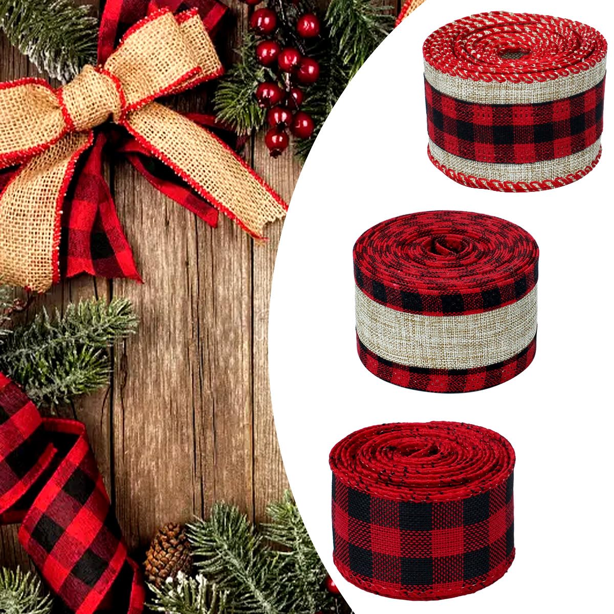 3 Rolls Buffalo Plaid Ribbon - Wired Edge, 9.9 Yards, 1.5 Inch Width (Black & Red) - Perfect for Christmas Tree Wrapping & Crafts BOYIVI