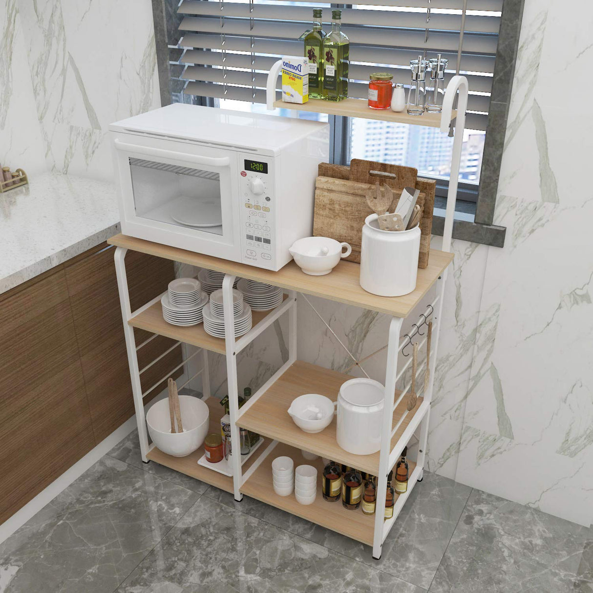 soges Microwave Cart Coffee Station, Kitchen Bakers Rack, Utility Microwave Oven Stand Storage Cart, Workstation Shelf, White Oak 172-MO soges