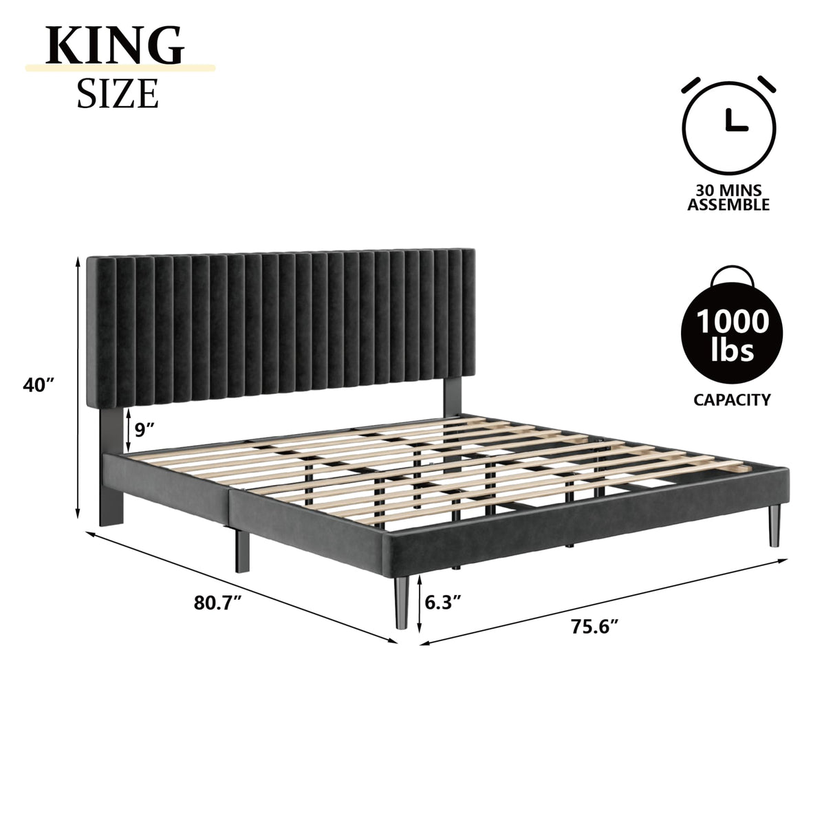 Sismplly King Size Bed Frame with Velvet Upholstered Headboard, Platform Bed with Strong Wood Slats, Mattress Foundation, Box Spring Optional, Easy Assembly, Black Sismplly