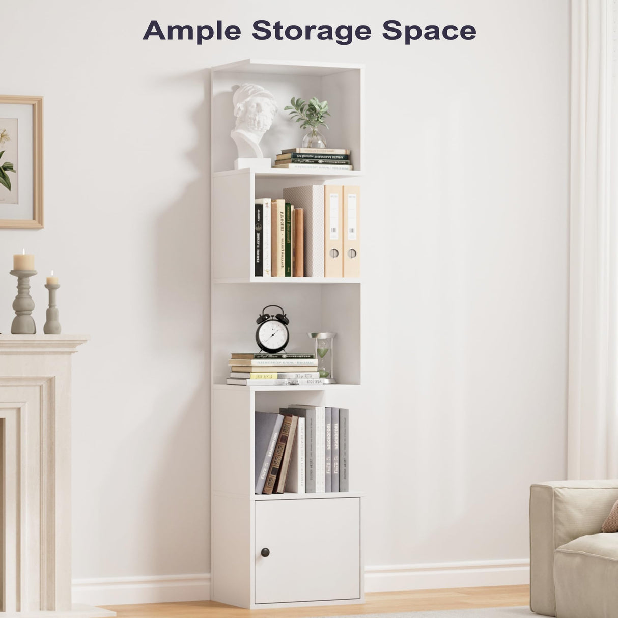 Furnify 5 Tier Bookshelf, 67" Tall S Shaped Bookcase with Door, Modern Open Book Shelf Standing Unit, Room Divider, Freestanding Wood Display Shelf for Living Room, Office, White Furnify