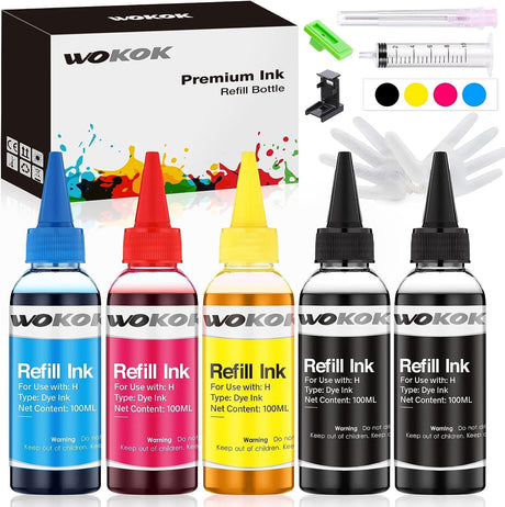 WOKOK Refill Ink Kit for HP 67 67XL 63 63XL 65 65XL 61 61XL 950 950XL 951XL 902XL 952XL Ink Cartridges, 100ML x 5 Bottles with Syringes (2 Black 1 Cyan 1 Magenta 1 Yellow) WOKOK