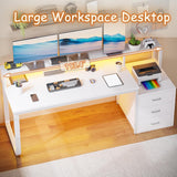 HOMBCK 67” White Desk with 3 Drawers and Storage, Reversible White Office Desk Computer Desk with Monitor Stand, Home Office Desk with LED Strips and Printer Standfor Bedroom HOMBCK