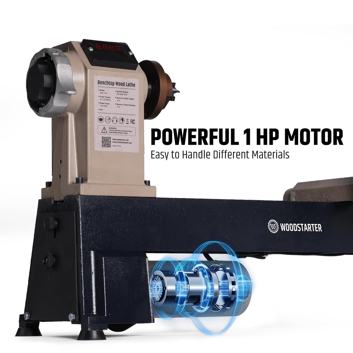 WOODSTARTER 12" x 18" Wood Turning Lathe, 1 HP Benchtop Woodworking Lathe with Variable Speed 650-3800 RPM, Dual-Function Design with Extension Ports for Belt Sander or Grinding Wheel or Rotary Kit WOODSTARTER