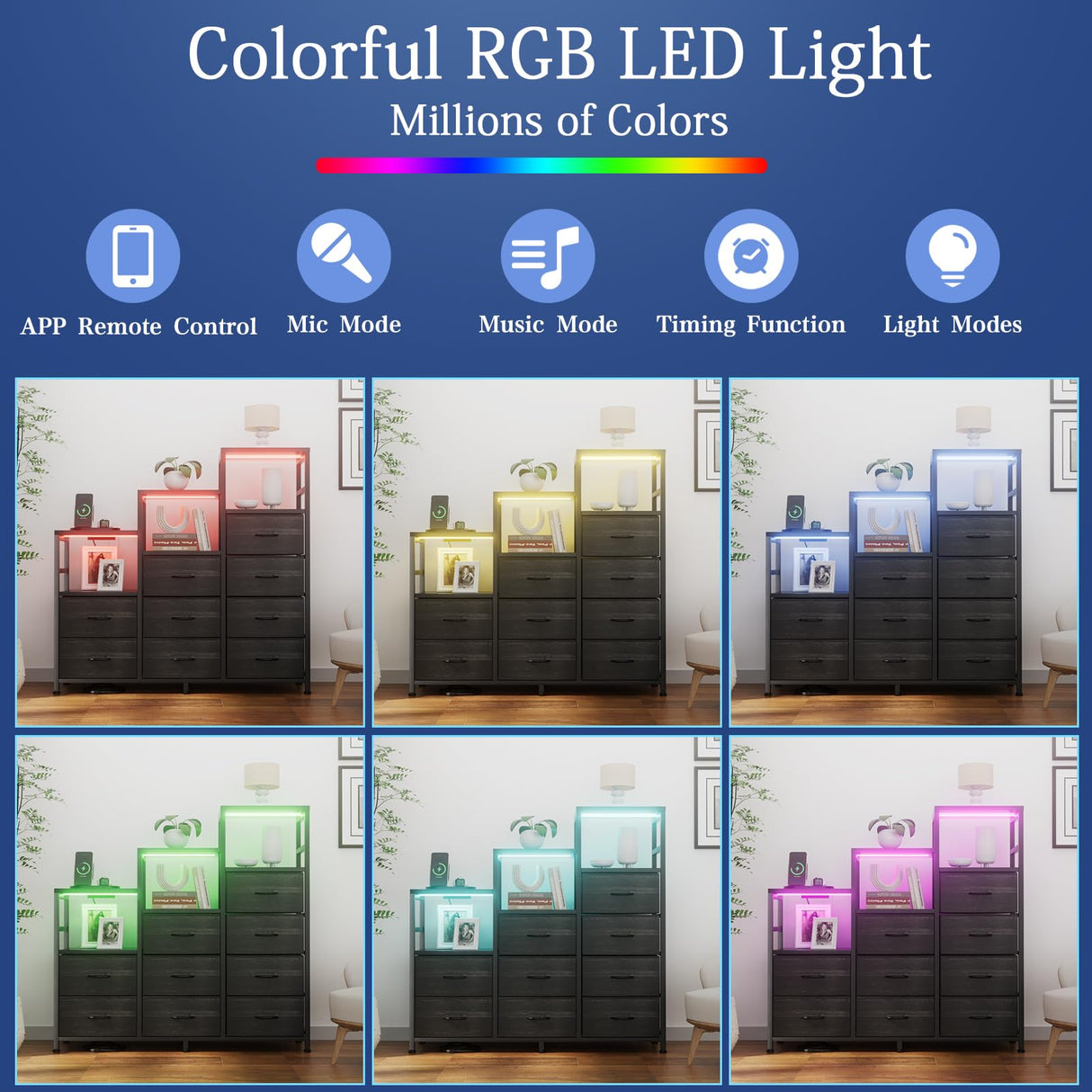 HPWLYO 9 Drawer Dresser with LED Light, Tall Fabric Drawers Dresser for Bedroom with Power Outlets, Dressers & Chests of Drawers with 3 Shelves for Bedroom HPWLYO