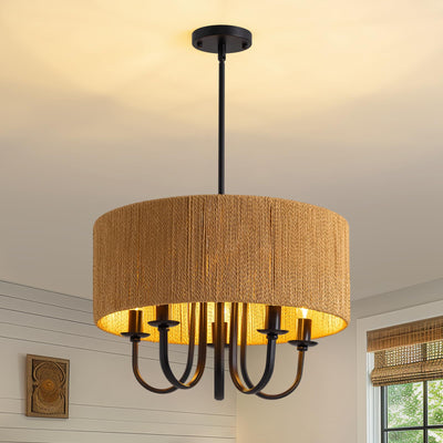 NOXARTE Rattan Chandelier 5-Light Boho Farmhouse Drum Chandelier Light Fixture, 19.2" Hand-Woven Wicker Pendant Light, Hanging Light Fixture for Dining Room Living Room Bedroom Kitchen Island