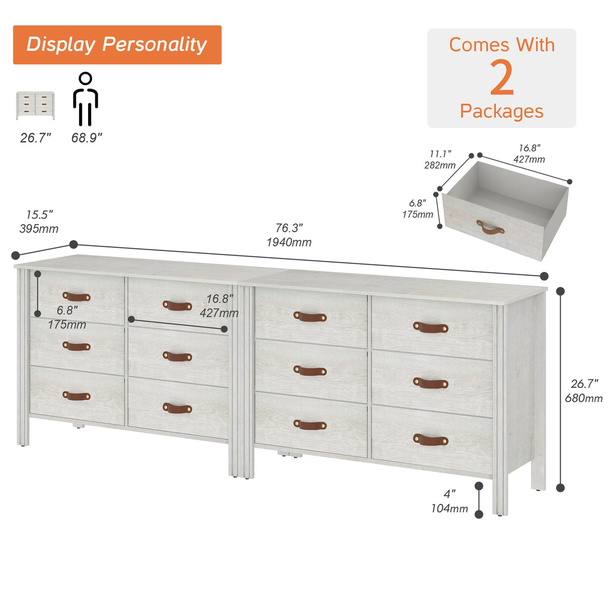 WAMPAT White Dresser for Bedroom, Large Long Dresser with 12 Drawers, Kids Dressers & Chest of Drawers, Set of 2 Classic Storage Cabinet Organizer for Closet, Living Room, Hallway WAMPAT