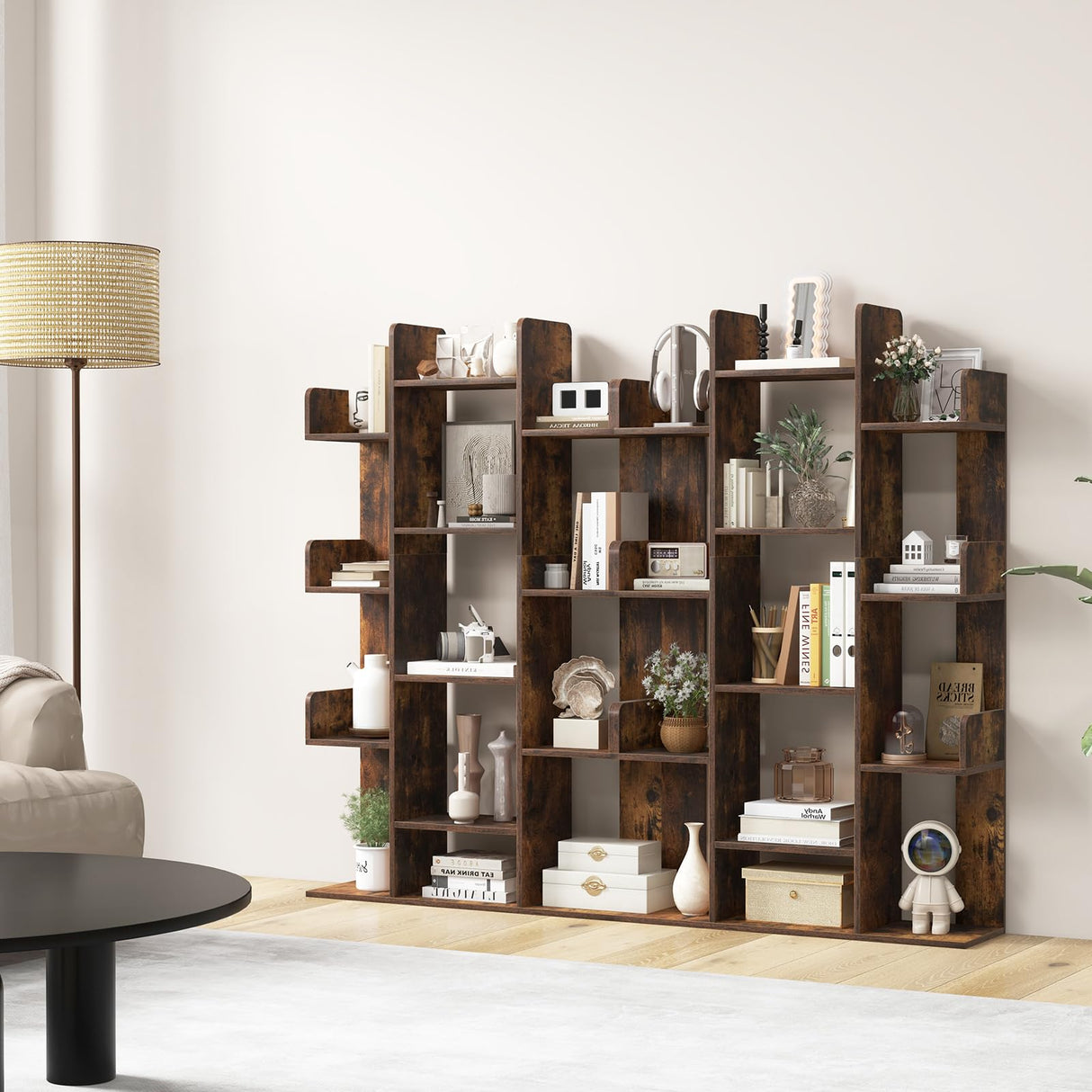 Tangkula Freestanding Tree Bookshelf, Corner Storage Organizer with 13 Open Shelves, Decorative Display Cube Shelf for Living Room, Study, Office, 34 x 9.5 x 55.5 Inch (1, Rustic Brown) Tangkula