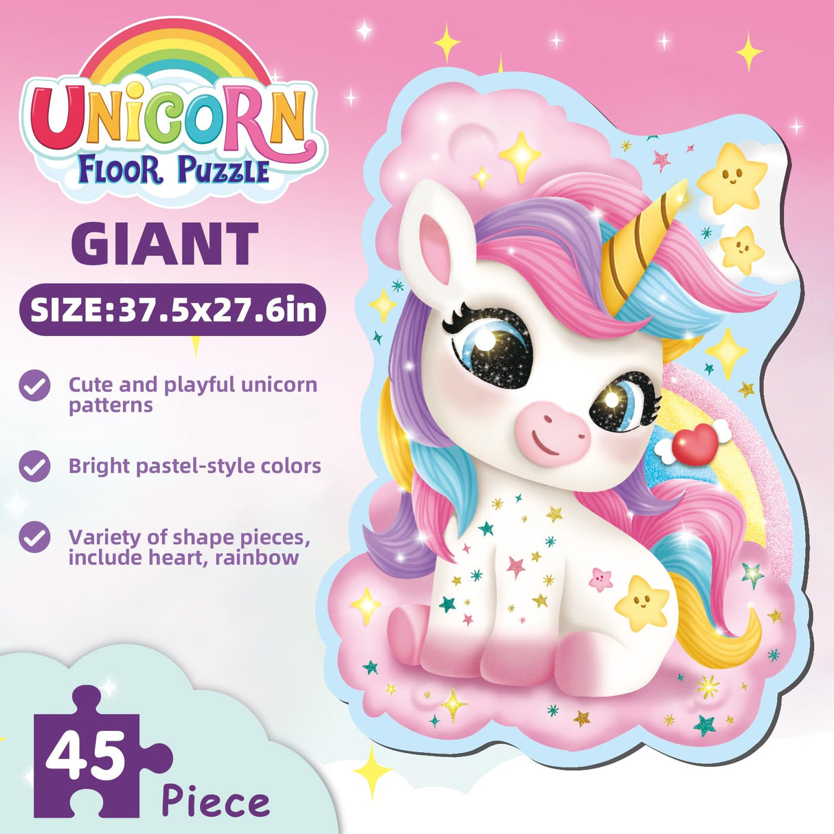 45 Piece Unicorn Floor Puzzle, Large Special Shapes Puzzles for Kids Ages 3-5, Toddler Floor Puzzles for Kids Ages 4-8, 4 Year Old Girl Gifts Toys for Birthday, Halloween, Christmas wookidel