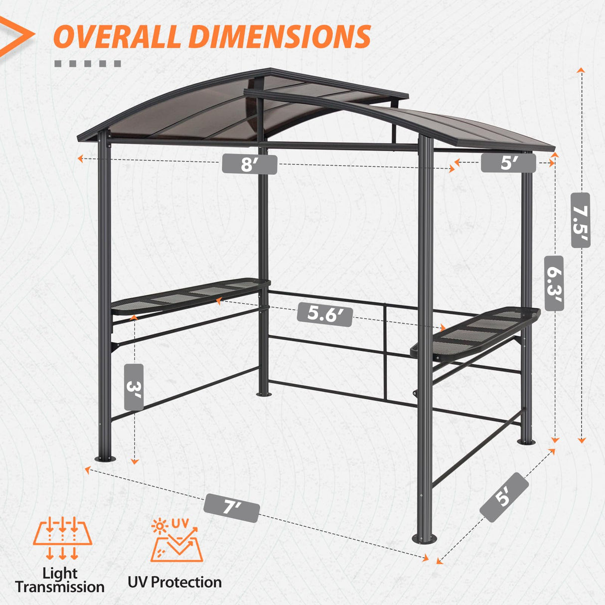 EAGLE PEAK 8x5 ft Grill Gazebo, Steel Frame Outdoor BBQ Cover, Double-Tier Polycarbonate Barbecue Canopy with Shelves EAGLE PEAK