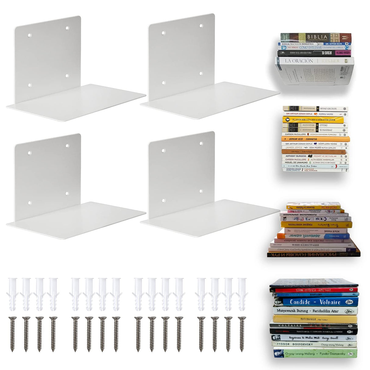 ECOSEAO Floating Book Shelves for Wall, Heavy-Duty Book Organizers, Iron Wall Mounted Shelves for Home Office Classroom Library, White Large (4) ECOSEAO